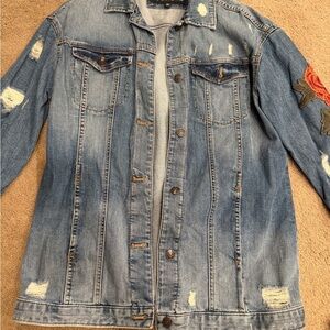 Express Light Blue Distressed Denim Jacket with Red Rose Patch